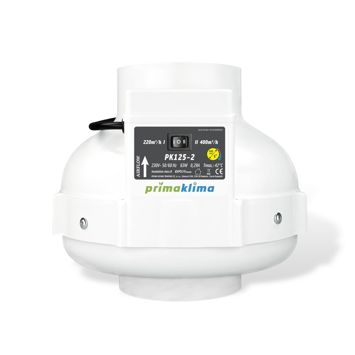 Prima Klima PK125-2 Two-speed AC-Rohrventilator mit 125-mm-Anschluss und zwei Leistungsstufen 