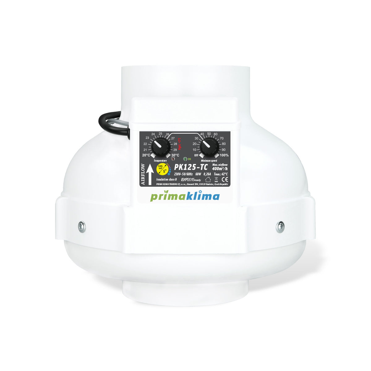 Prima Klima PK125-TC temperaturgeregelter AC-Rohrventilator mit 125-mm-Anschluss 