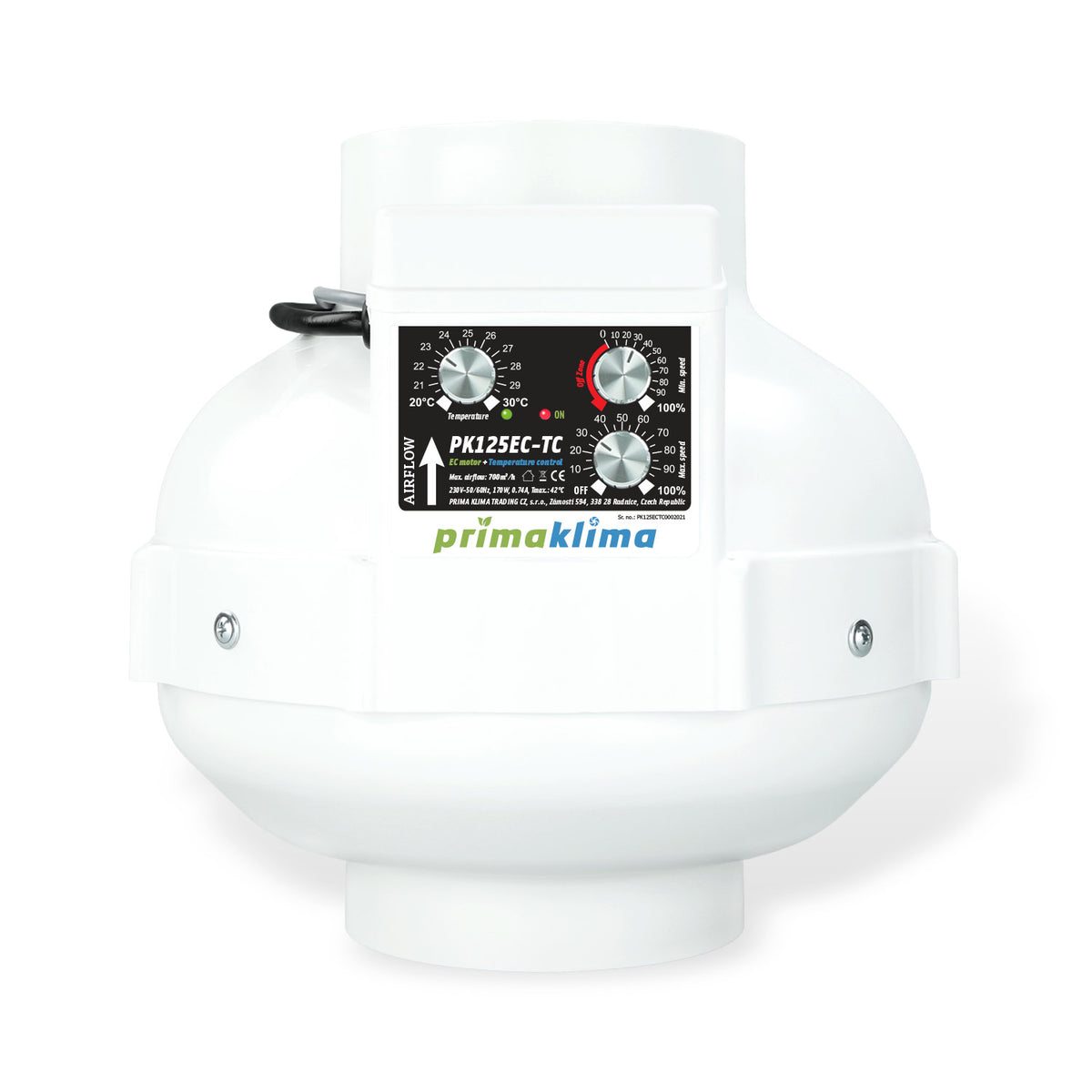 Prima Klima PK125EC-TC EC-Rohrventilator mit 125-mm-Anschluss und einstellbarer Temperatur und Drehzahl
