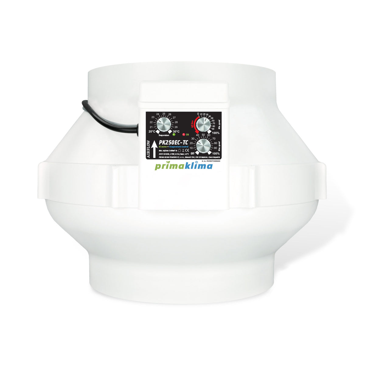 Prima Klima PK250EC-TC EC-Rohrventilator mit Temperaturregelung und 250-mm-Anschluss